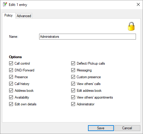 Security policies record Policy tab